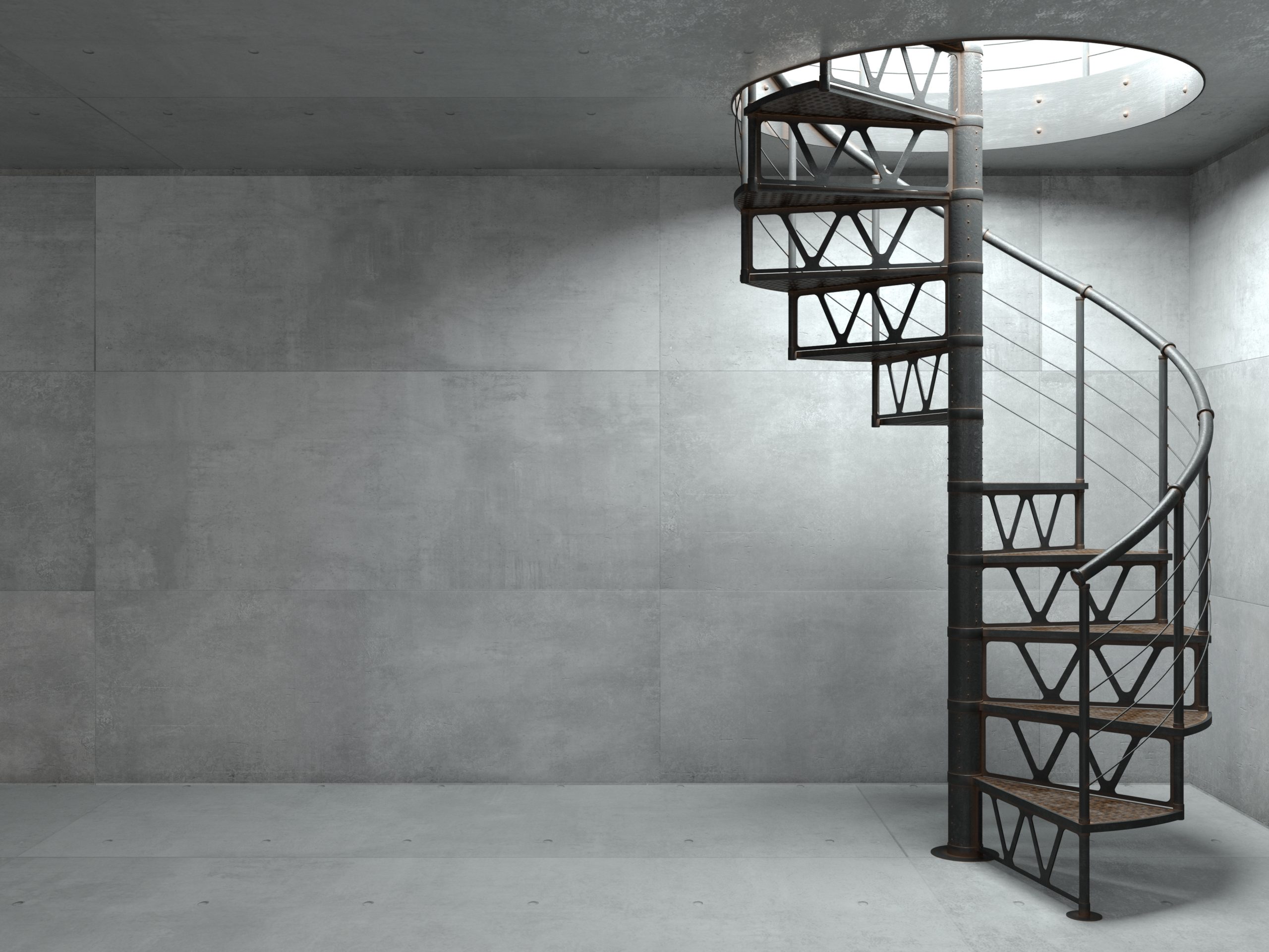 3d illustration. Spiral metal staircase in the loft style. Concrete wall on background