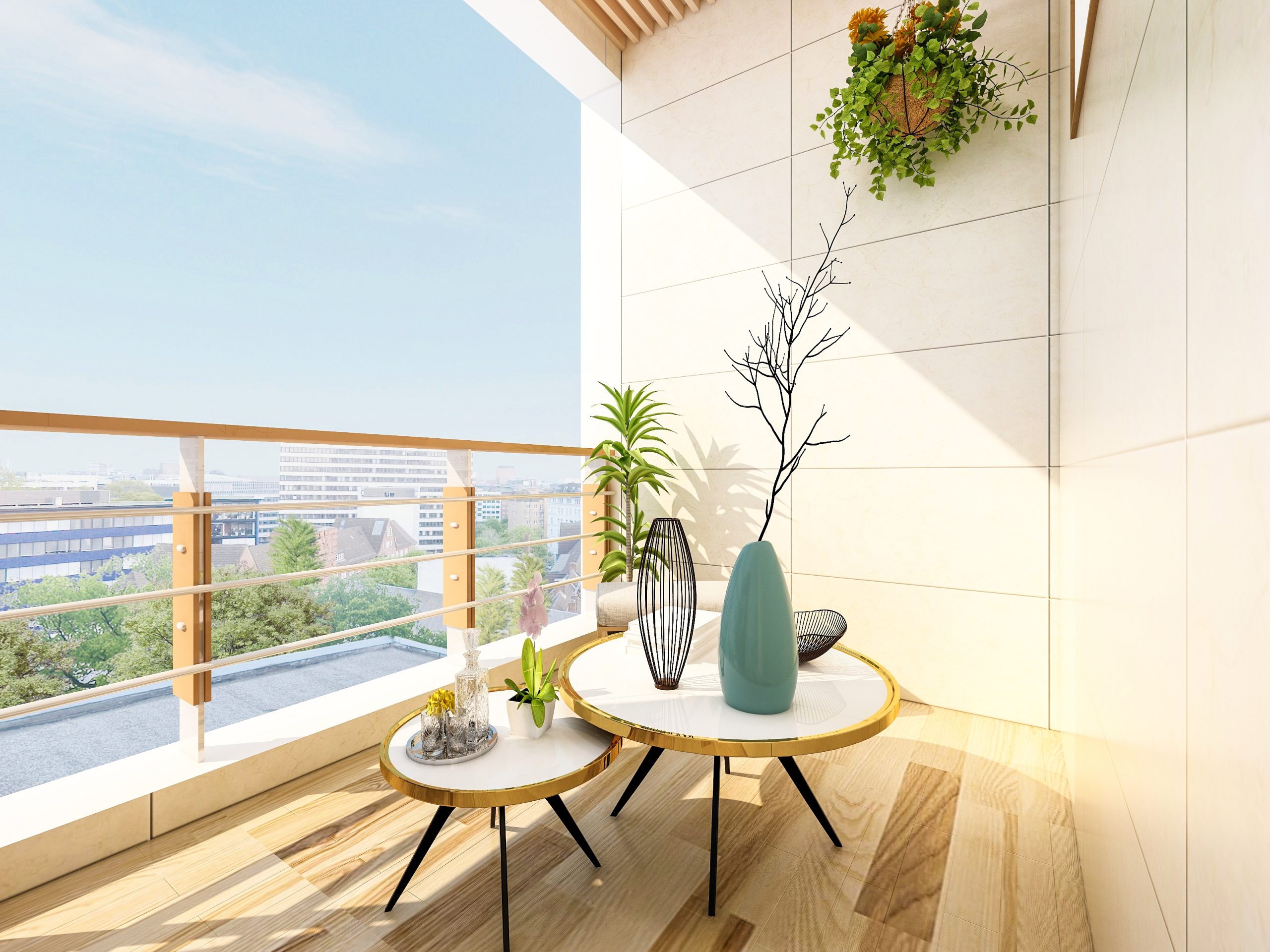 The garden balcony of the residential building is in sunny weather, and the sunlight shines on the flowers and plants on the balcony.